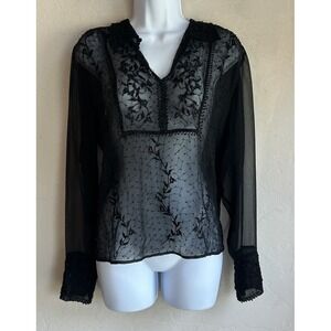 Vintage 90s Vision Apparel Black Sheer Beaded Silk Top L Embroidered Whimsigoth